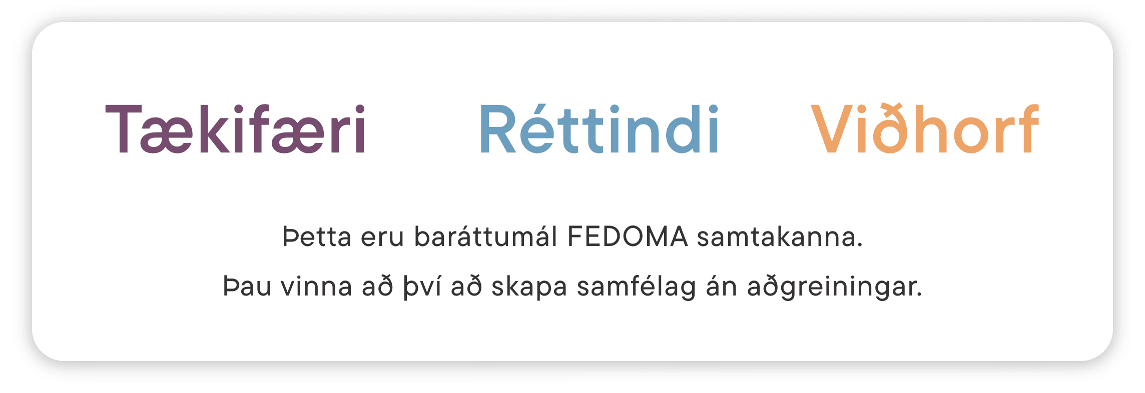 Tækifæri - Réttindi - Viðhorf. Þetta eru baráttumál FEDOMA samtakanna. Þau vinna að því að skapa samfélag án aðgreiningar.