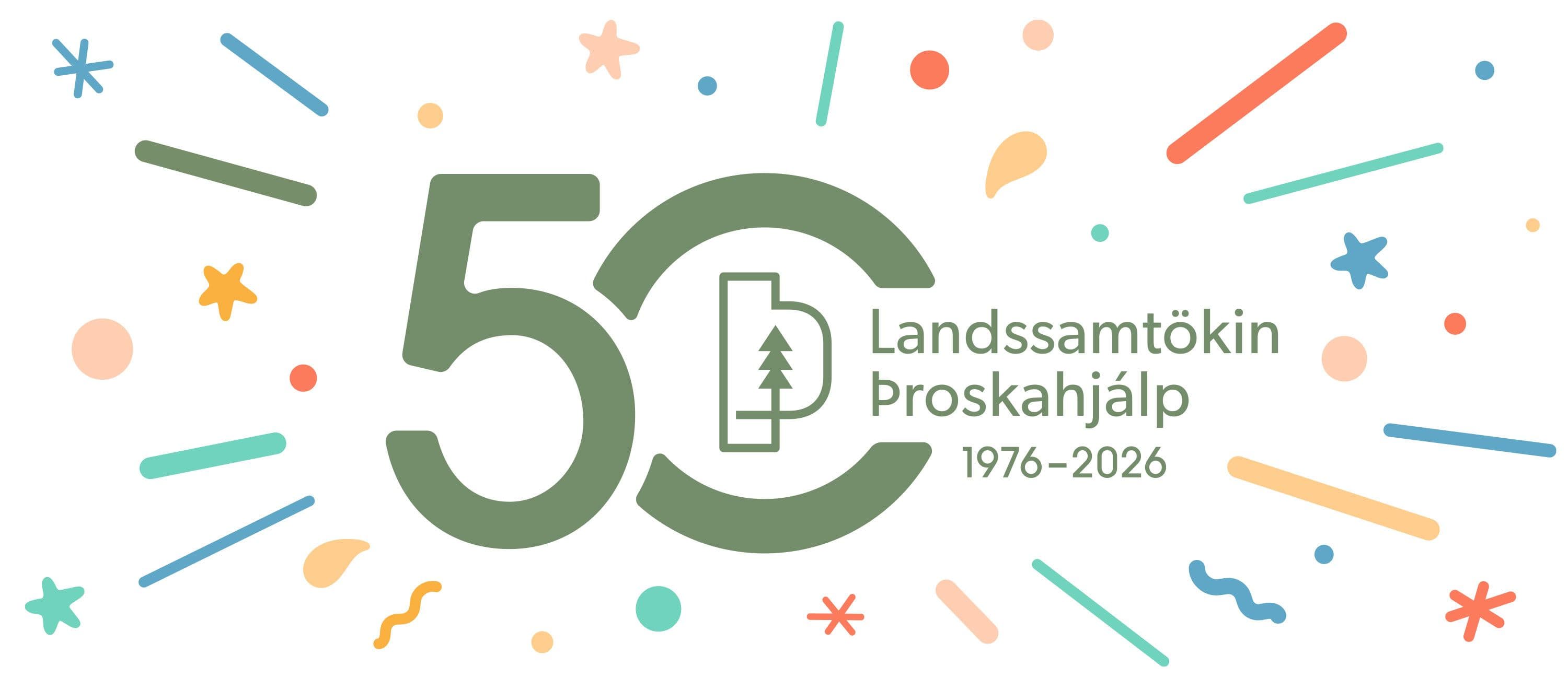 afmælismynd Þroskahjálpar: 50 ára merki samtakanna umvafið litríku konfetti sem skrauti