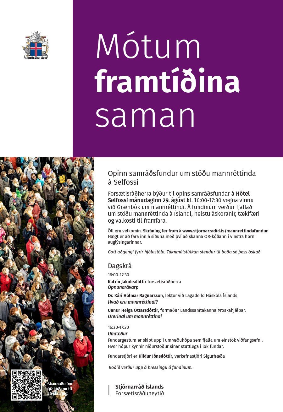 Auglýsing fyrir fundinn Mótum framtíðina saman. Þar kemur fram að fundurinn er á Hótel Selfossi, mán…