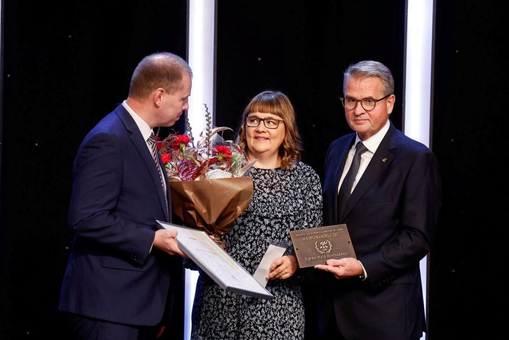 Sigrún Huld Hrafns­dótt­ir við viðurkenningarathöfnina. Ljósmynd mbl.is/Eggert Jóhannesson