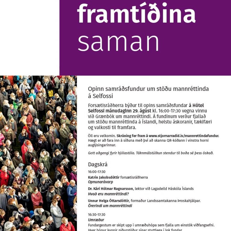 Auglýsing fyrir fundinn Mótum framtíðina saman. Þar kemur fram að fundurinn er á Hótel Selfossi, mán…